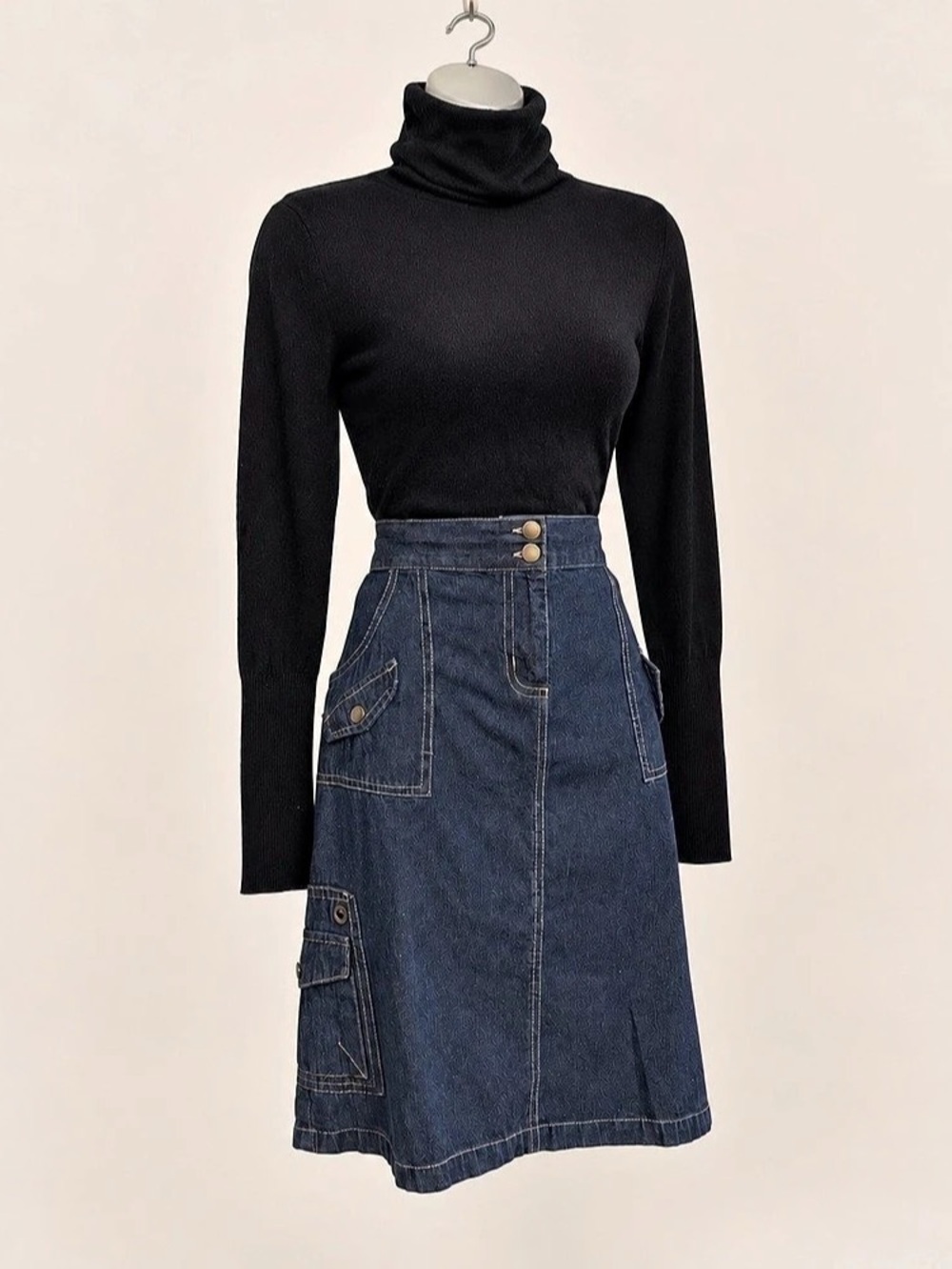 Studio West Dark Wash Denim Cargo Skirt Size L Utility Midi Y2K